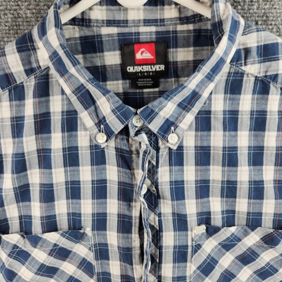 Quiksilver Men Button Up Shirt Surf Skate Double Pocket Blue White Plaid Large - Picture 1 of 16